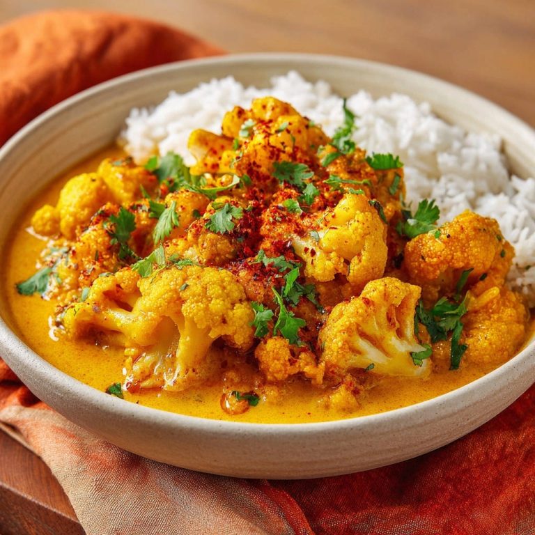 Blumenkohl Curry serviert in einer Schüssel mit fluffigem Reis, garniert mit frischen Kräutern und Gewürzen.