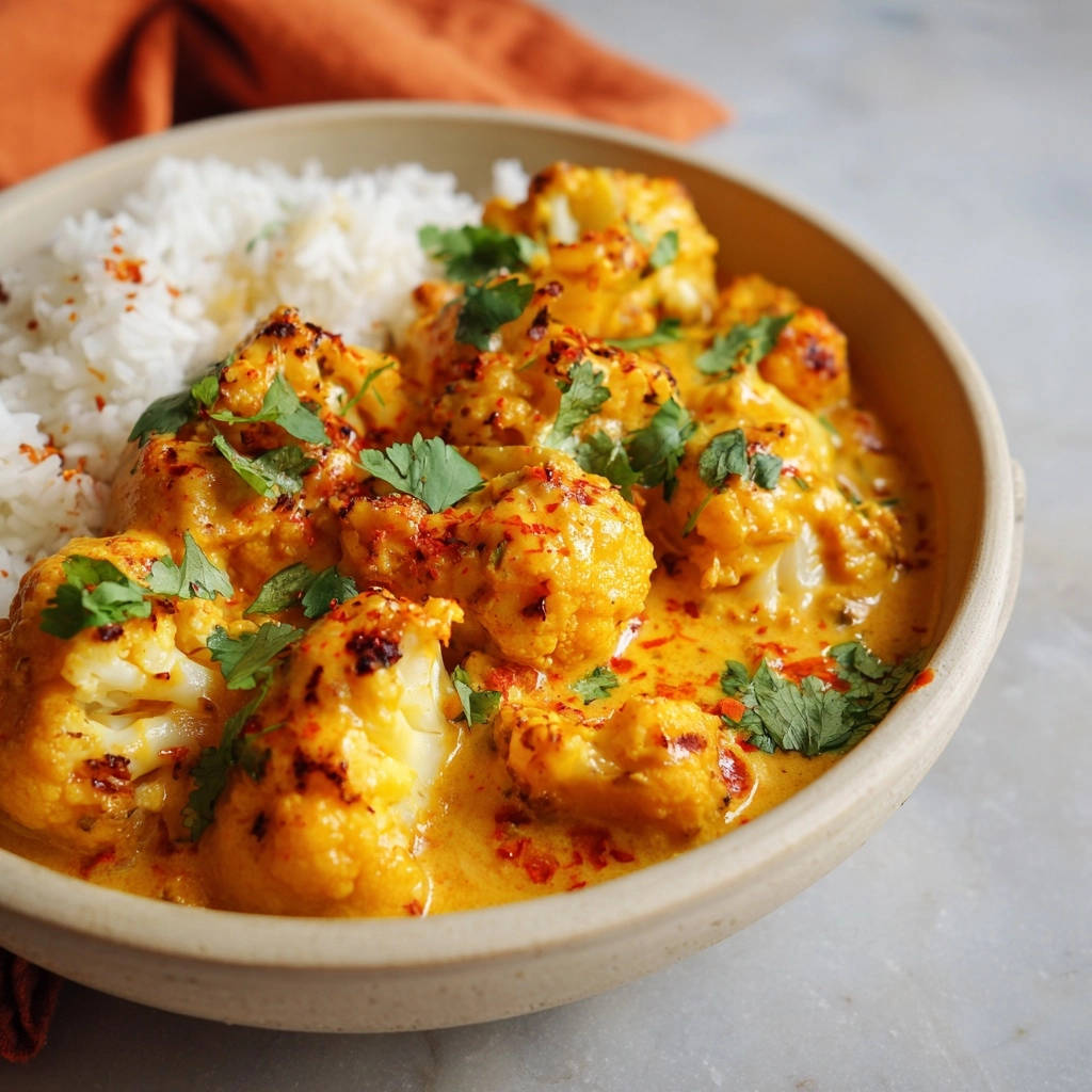 Blumenkohl Curry Serviert Nahaufnahme 1 Blumenkohl Curry serviert in einer Schüssel mit Reis, garniert mit frischen Kräutern. Diese Nahaufnahme zeigt die cremige Sauce und die Röstaromen des Blumenkohls.