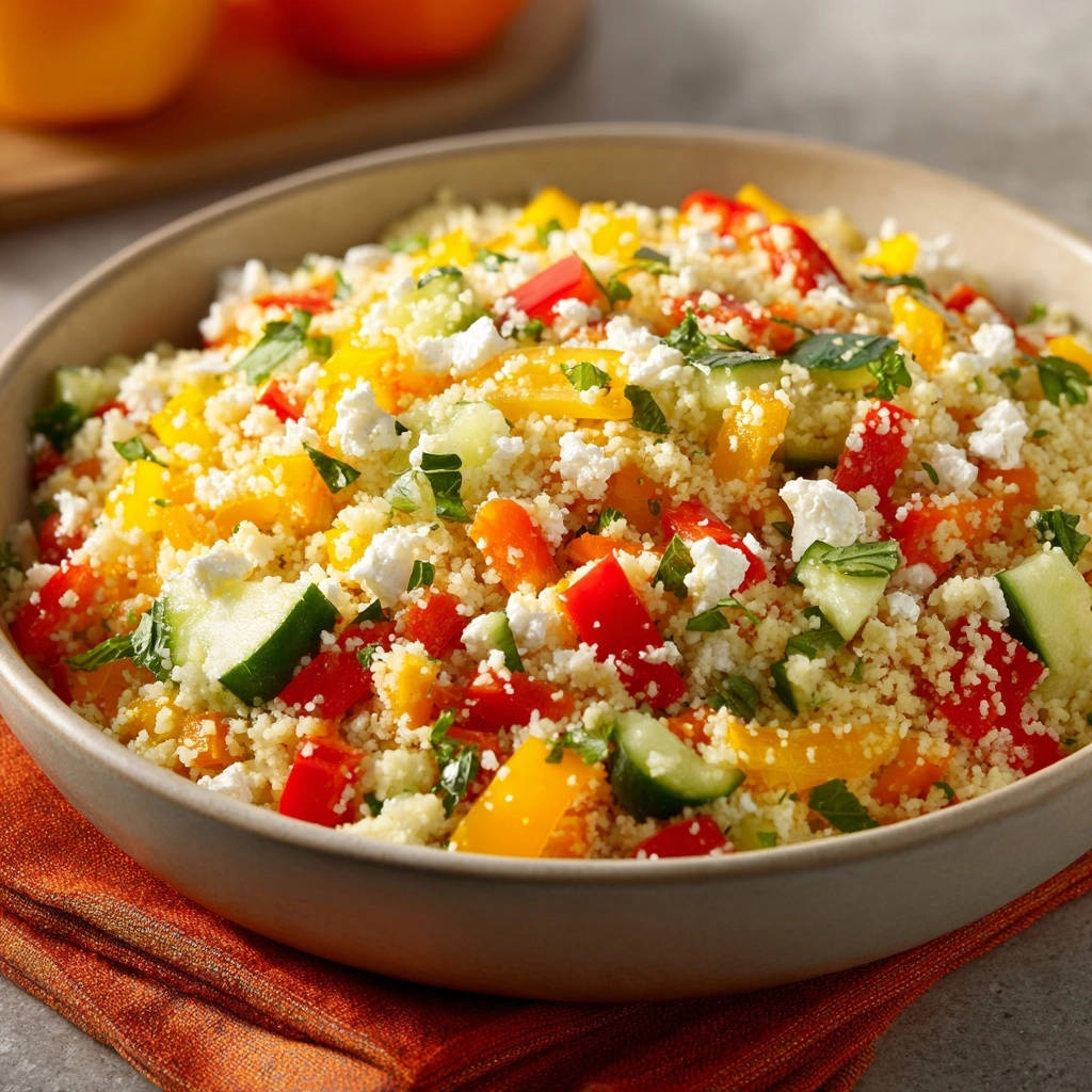 Couscous Salat Draufsicht Mit Gemuese 1 Couscous Salat, eine bunte Mischung aus lockeren Körnern, frischem Gemüse und Feta-Käse, serviert in einer Schüssel von oben gesehen.