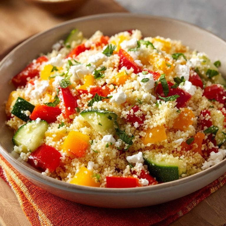 Couscous Salat, von oben betrachtet, zeigt die bunte Mischung aus Gemüse, Feta-Käse und perfekt lockeren Körnern in einer Schüssel.