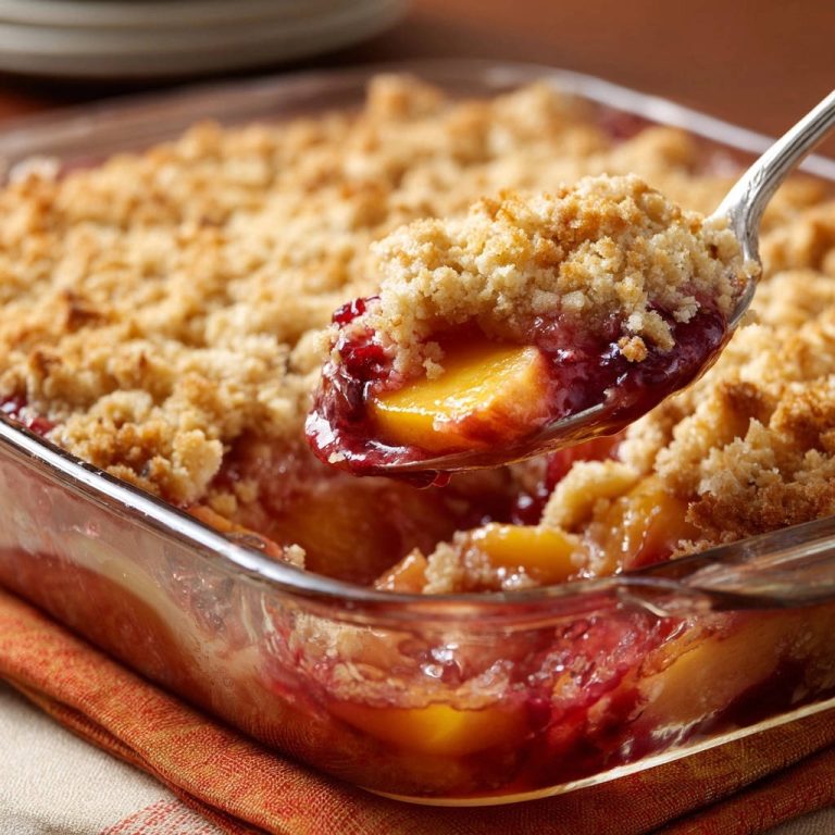 Frucht Crumble in Nahaufnahme: Ein Löffel voller saftiger Pfirsiche und knuspriger Streusel, bereit zum Genießen.