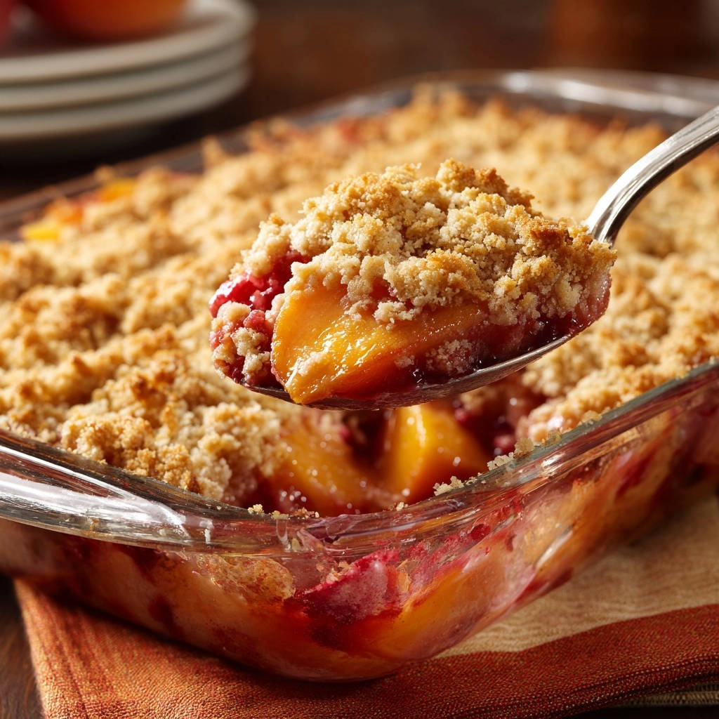 Frucht Crumble Nahaufnahme Streusel 1 Frucht Crumble in Nahaufnahme, mit knusprigen Streuseln und saftigen Früchten, die auf einem Löffel präsentiert werden.