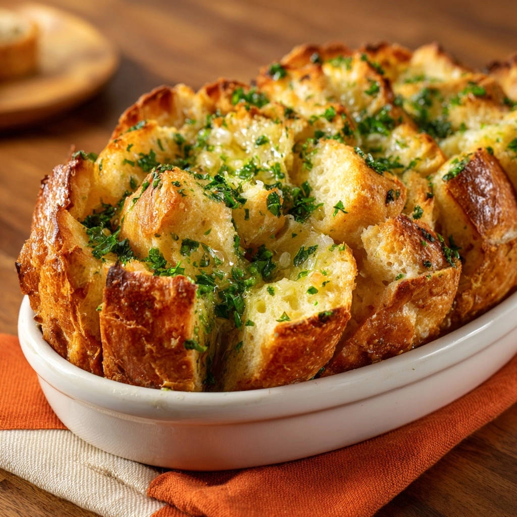 Knoblauch Zupfbrot Von Oben 1 Knoblauch Zupfbrot von oben: Das frisch gebackene Brot mit Kräutern und Knoblauch präsentiert sich in einer Auflaufform.