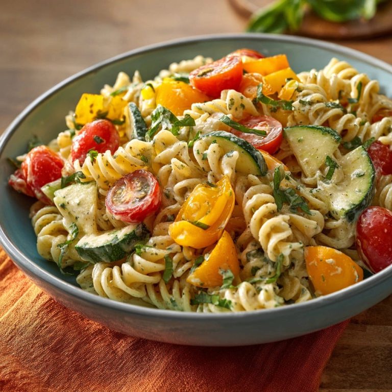 Pasta Salat mit perfekt lockeren Nudeln, frischen Tomaten und Zucchini in einer cremigen Sauce, serviert in einer blauen Schüssel.