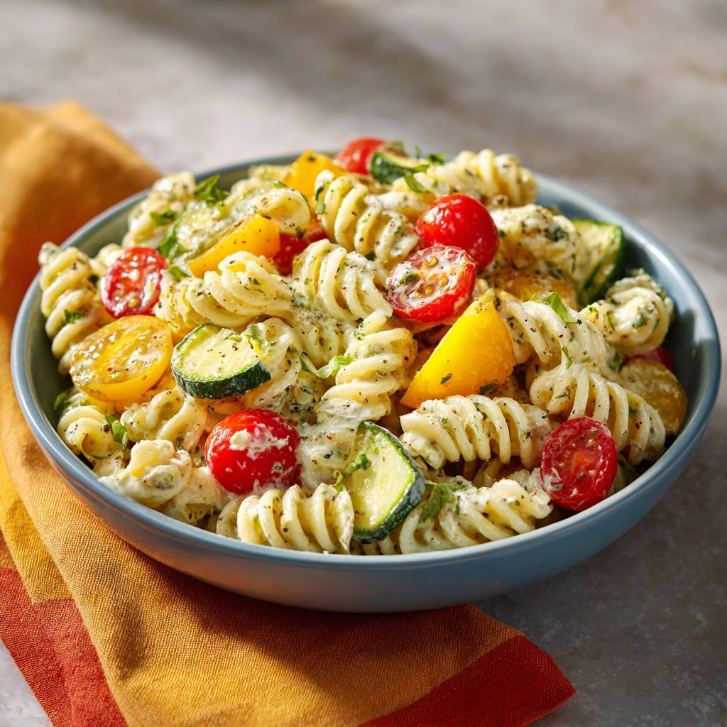 Pasta Salat Nahaufnahme Mit Gemuese 1 Pasta Salat präsentiert eine Nahaufnahme mit frischen Tomaten, Zucchini und gelben Paprika, die in einer cremigen Sauce serviert werden.