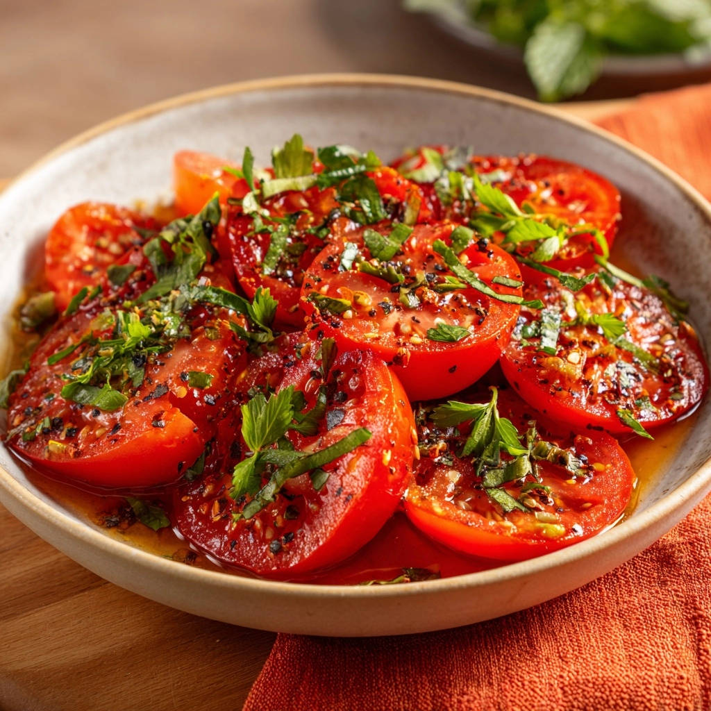 Tomatensalat Frisch Serviert Mit Kraeutern 1 Tomatensalat: Die frischen Tomatenscheiben sind in einer Schüssel angerichtet und mit frischen Kräutern garniert. Ein einfaches, erfrischendes Gericht.