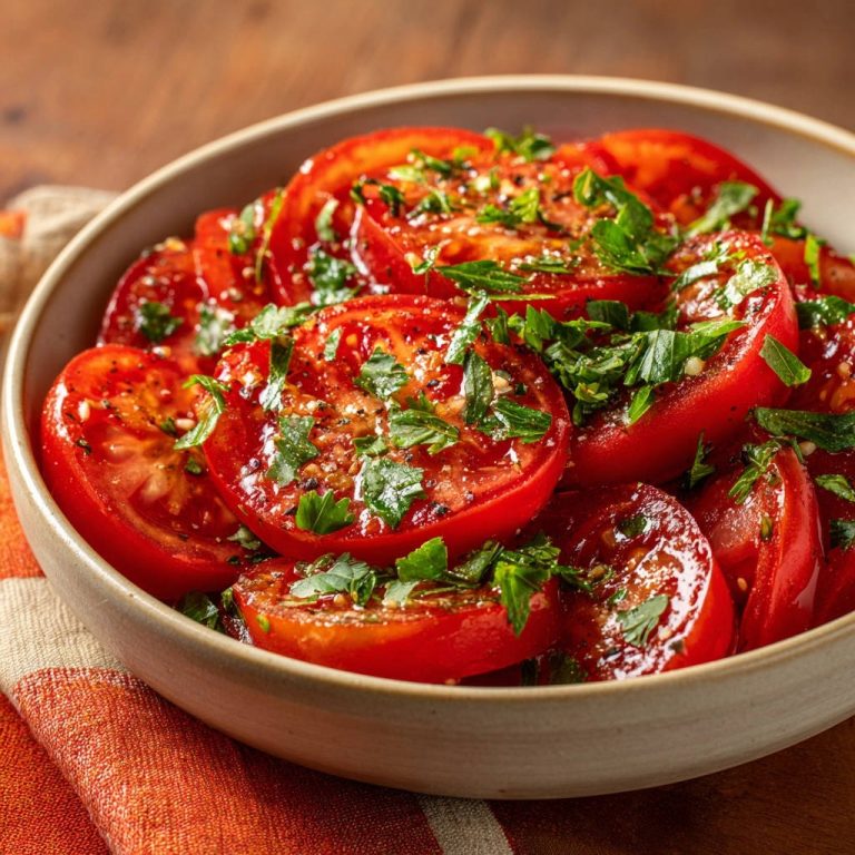 Tomatensalat: Eine Nahaufnahme zeigt die frisch geschnittenen Tomatenscheiben, die mit Kräutern und Gewürzen garniert sind.