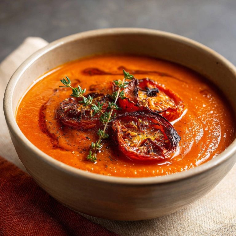 Tomatensuppe mit gerösteten Tomatenscheiben, garniert mit Thymian, in einer rustikalen Schale serviert, die von oben betrachtet wird.