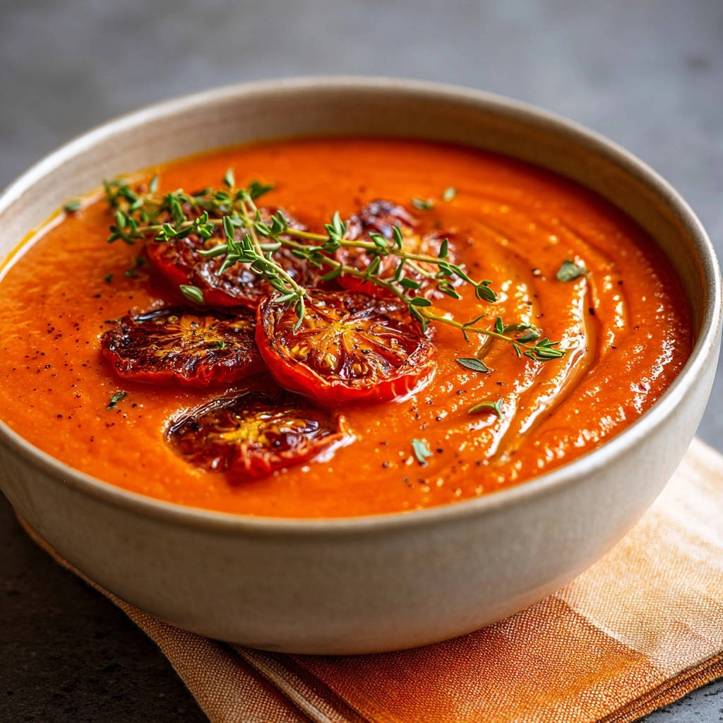 Tomatensuppe Geroestete Tomaten Garniert 1 Tomatensuppe, garniert mit gerösteten Tomatenscheiben und frischem Thymian. Die hausgemachte Suppe ist in einer Schüssel serviert.