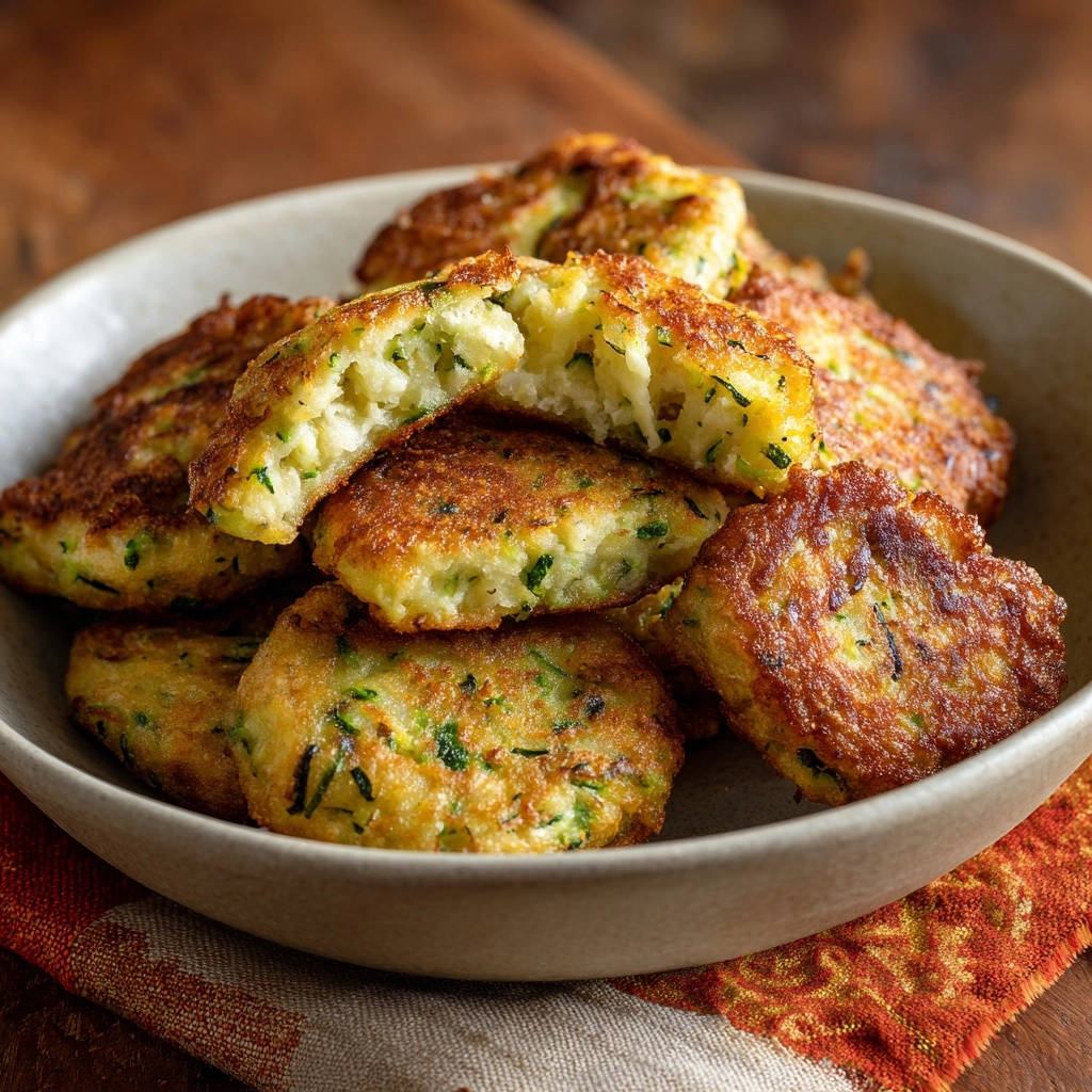 Zucchini Puffer Querschnitt Nahaufnahme 1 Zucchini Puffer, mit einem Querschnitt, der die lockere, zarte Textur im Inneren offenbart, in einer Nahaufnahme.