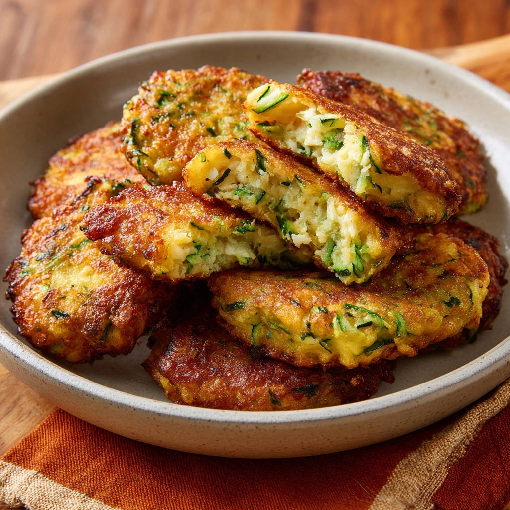 Zucchini Puffer, knusprig und nie wieder wässrig, zeigt eine Nahaufnahme eines Puffers mit einem deutlich sichtbaren Querschnitt.