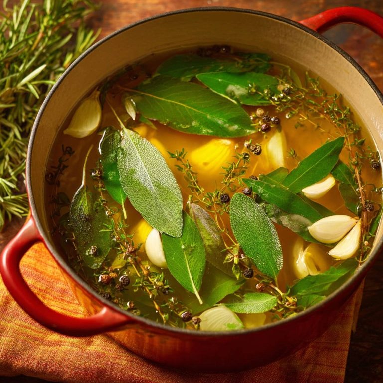 Aroma-Hähnchen im Kräutersud von oben: Ein Blick auf das köstliche Geflügel, das in einem aromatischen Sud mit frischen Kräutern gart.