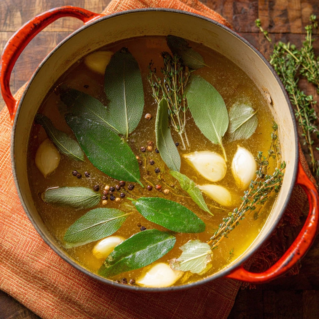 Aroma Hhnchen Im Krutersud Draufsicht Zubereitung 1 Aroma-Hähnchen im Kräutersud mit frischen Kräutern, Knoblauch und Gewürzen in einem Topf, zubereitet für ein saftiges Gericht.
