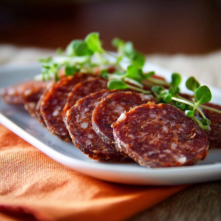 Aromatische Wurstplatte mit frischen Sprossen, serviert auf einem weißen Teller, zeigt einen verlockenden Querschnitt der hauchzarten Scheiben.