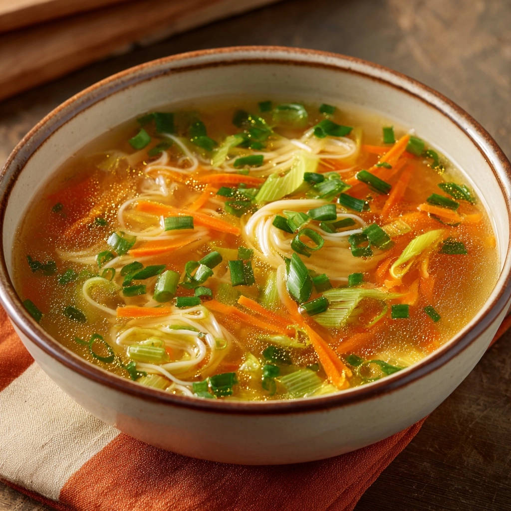 Asiatische Gemuesenudelsuppe Nahaufnahme Serviert 1 Asiatische Gemüsenudelsuppe in einer Schüssel serviert. Eine Nahaufnahme zeigt die frische Brühe mit Gemüse und Nudeln, appetitlich zubereitet.