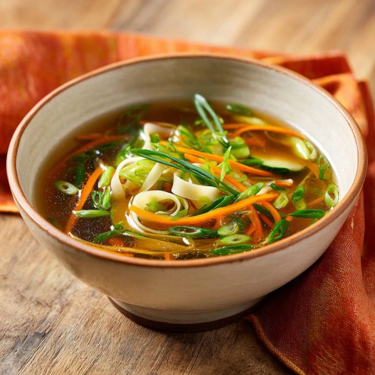 Asiatische Gemüsenudelsuppe wird in einer rustikalen Schüssel serviert, garniert mit frischen Kräutern und Karottenstreifen.