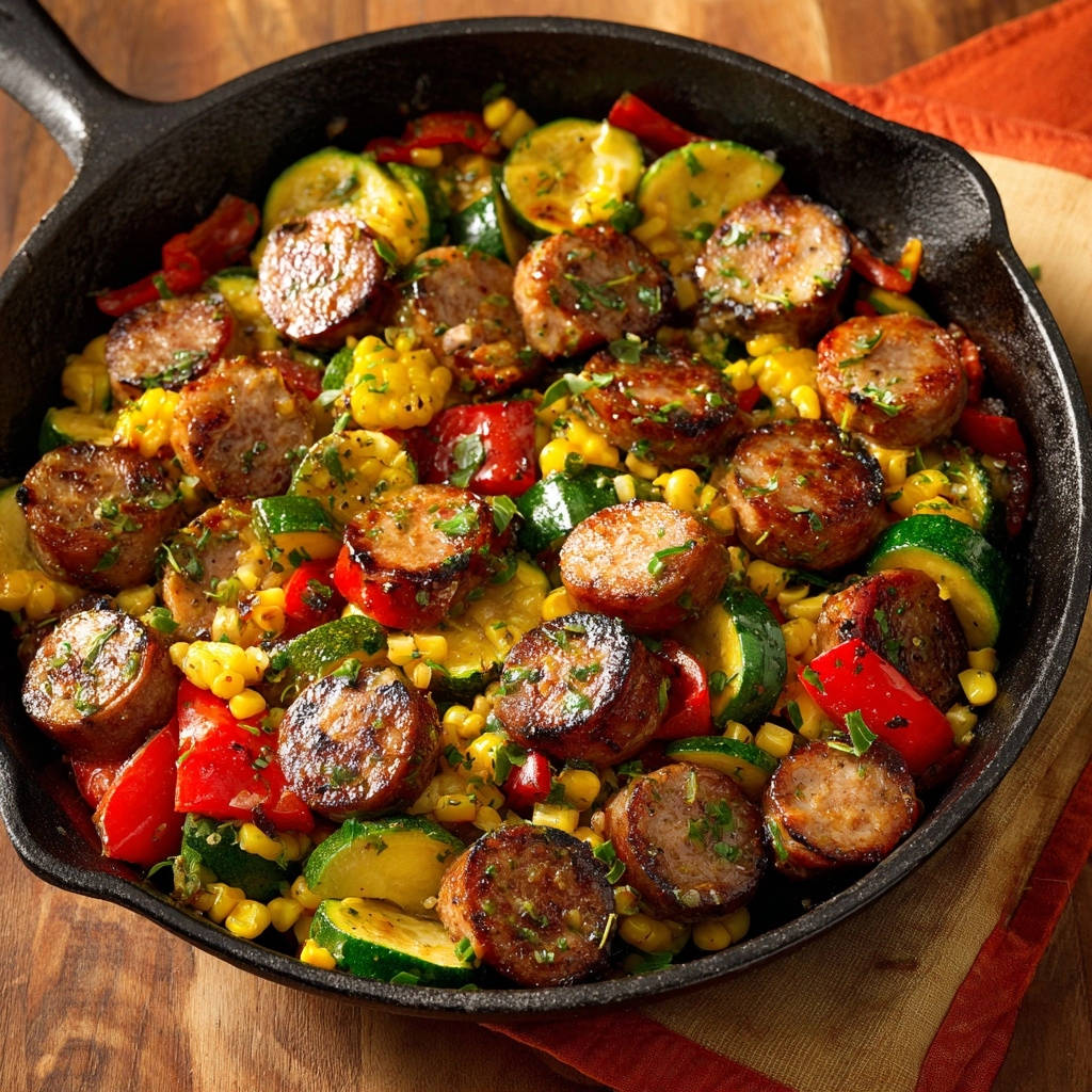 Blitz Pfanne Mit Wurst Und Sommergemuese Draufsicht 1 Blitz-Pfanne mit Wurst und Sommergemüse, von oben betrachtet, zeigt die knusprig gebratene Wurst und das bunte Gemüse in der Pfanne.