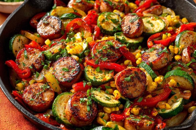 Pfanne mit Wurst und Sommergemüse