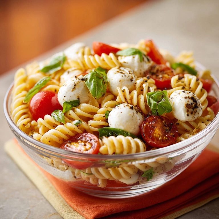 Sommerlicher Caprese-Nudelsalat in einer Nahaufnahme, der die frischen Tomaten, Mozzarella-Kugeln und Basilikumblätter zeigt.