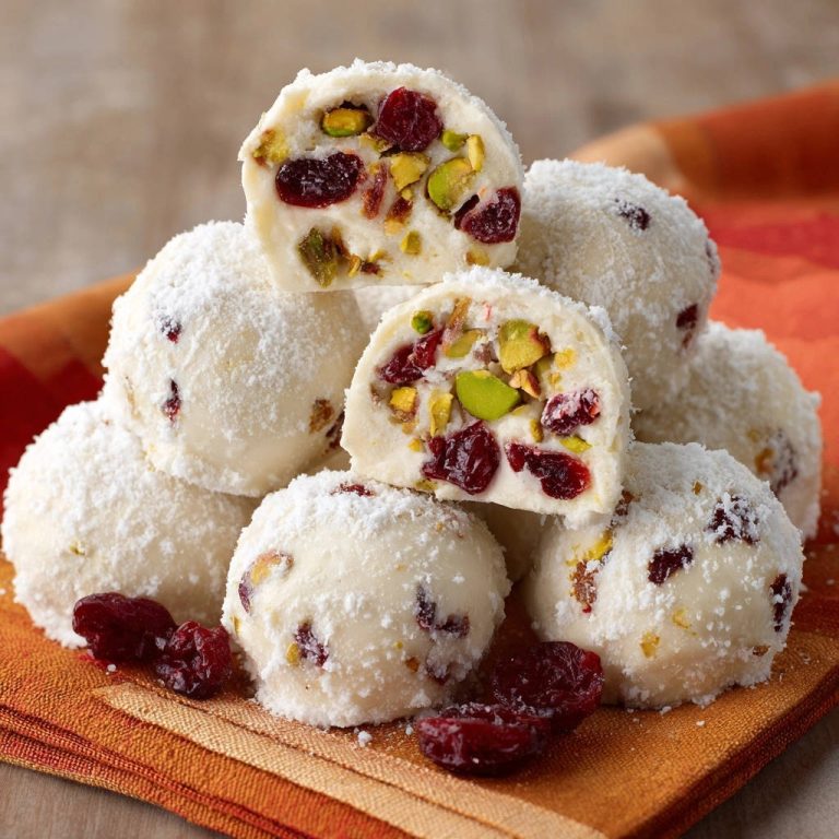 Cranberry-Pistazien-Trüffel mit einem angeschnittenen Trüffel, der die cremige Füllung mit Cranberries und Pistazien zeigt.