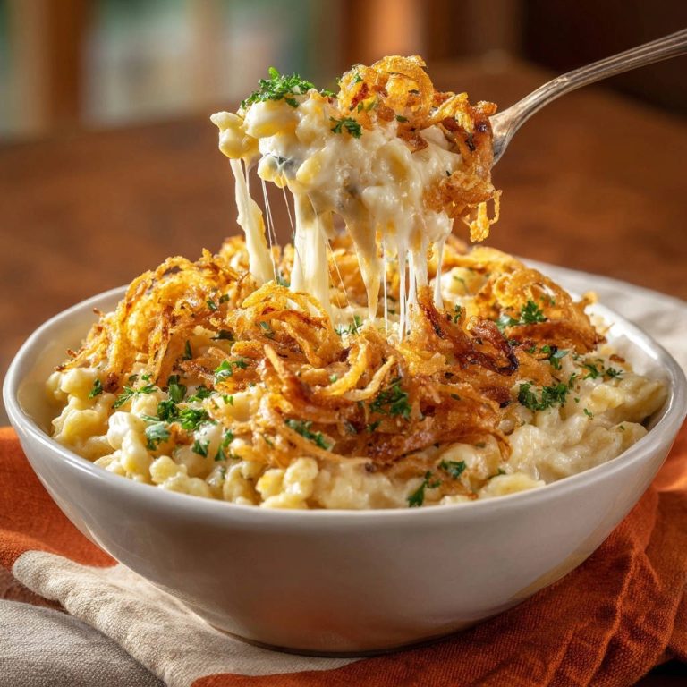 Cremige Käsespätzle mit knusprigen Röstzwiebeln werden auf einem Löffel serviert, mit geschmolzenem Käse, der sich zieht.