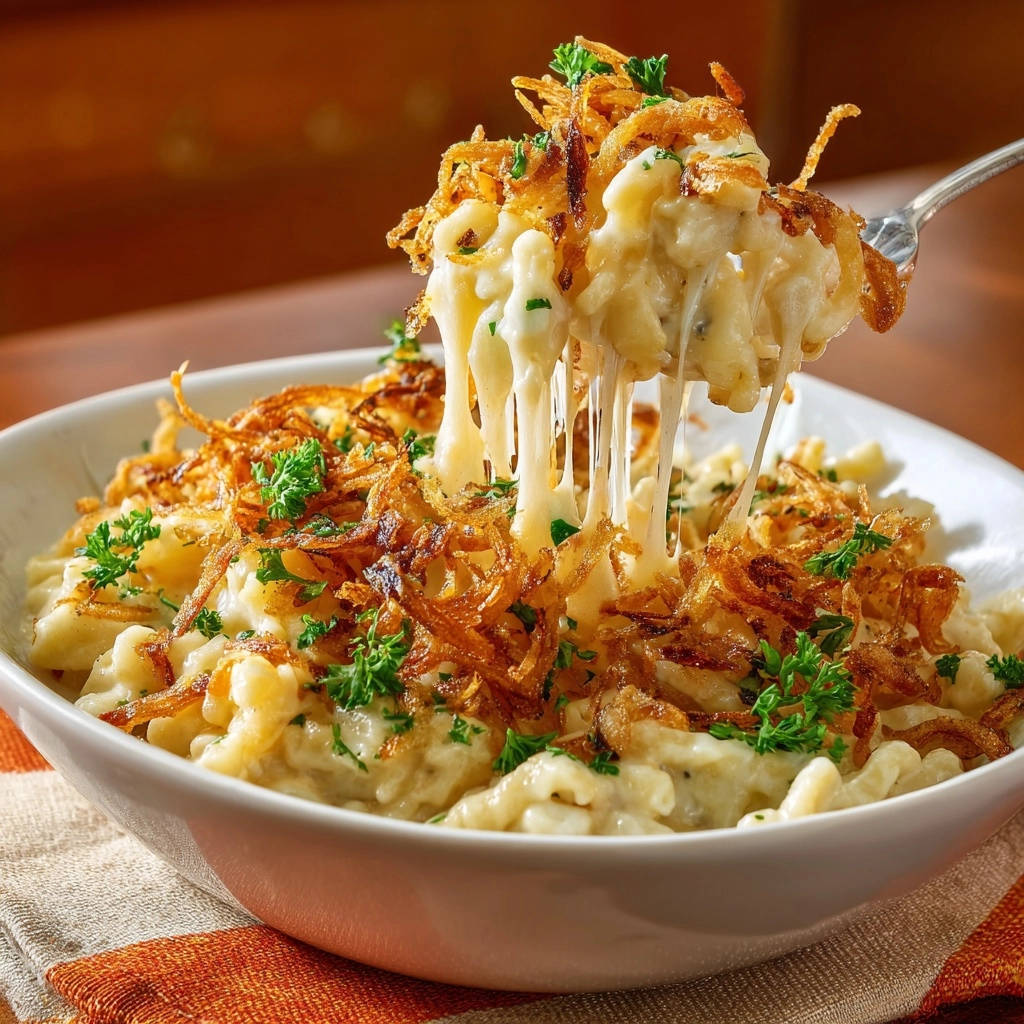 Cremige Kaesespaetzle Mit Roestzwiebeln Kaese Faden Nahaufna 1 Cremige Käsespätzle mit knusprigen Röstzwiebeln, serviert in einer Schüssel, mit Käsefäden, die von einer Gabel gezogen werden.