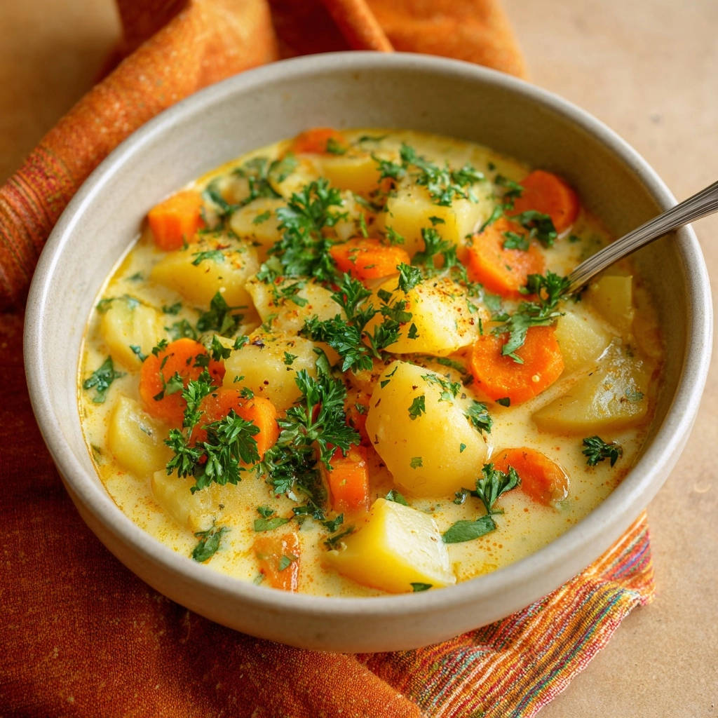 Cremige Kartoffel Karotten Suppe Nahaufnahme Serviert 1 Cremige Kartoffel-Karotten-Suppe in einer Schüssel serviert, garniert mit frischer Petersilie und Gewürzen. Die cremige Textur der Suppe ist deutlich zu sehen.
