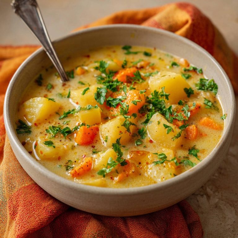 Cremige Kartoffel-Karotten-Suppe in einer Schüssel serviert, garniert mit frischer Petersilie. Die cremige Textur und die intakten Kartoffelwürfel sind deutlich zu sehen.