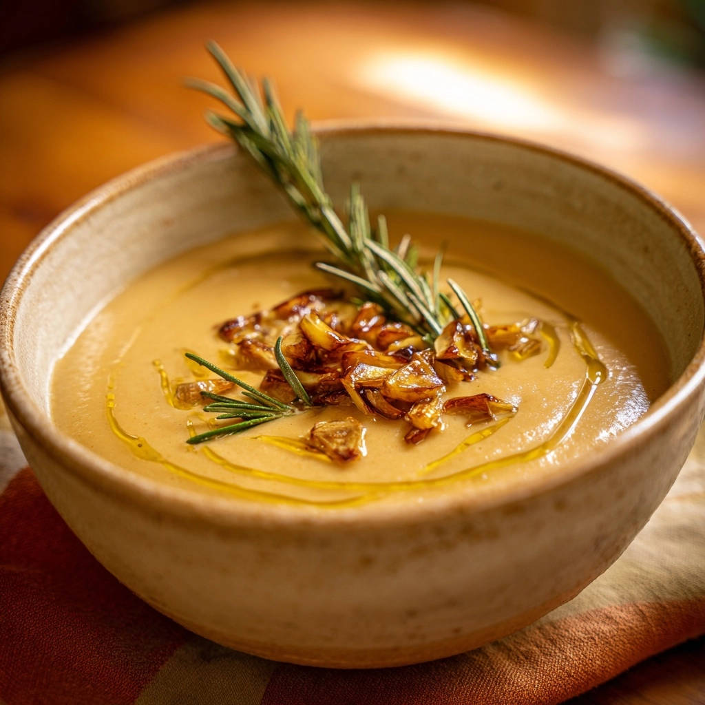 Cremige Kartoffel Zwiebel Suppe Garniert 1 Cremige Kartoffel-Zwiebel-Suppe, serviert in einer rustikalen Schale, mit knusprigen Zwiebeln und Rosmarinzweigen garniert.