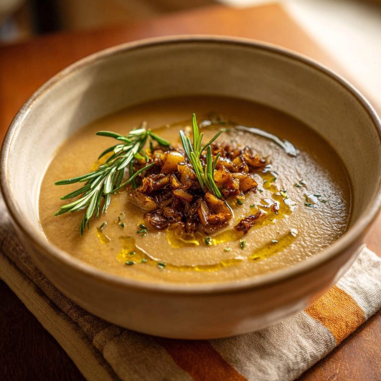 Cremige Kartoffel-Zwiebel-Suppe, garniert mit karamellisierten Zwiebeln und Rosmarin, in einer rustikalen Schüssel serviert. Eine Nahaufnahme zeigt die cremige Textur.