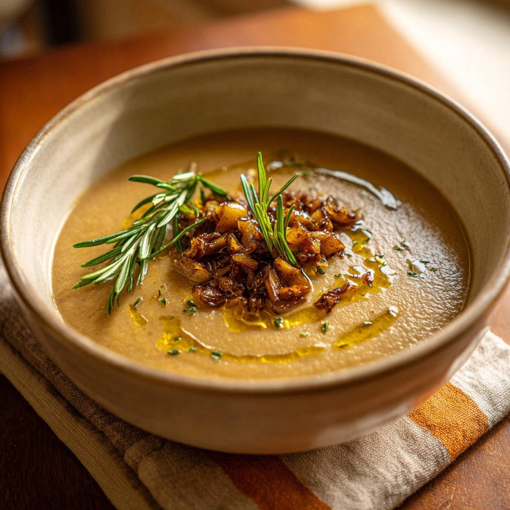 Cremige Kartoffel-Zwiebel-Suppe, garniert mit karamellisierten Zwiebeln und Rosmarin, in einer rustikalen Schüssel serviert. Eine Nahaufnahme zeigt die cremige Textur.