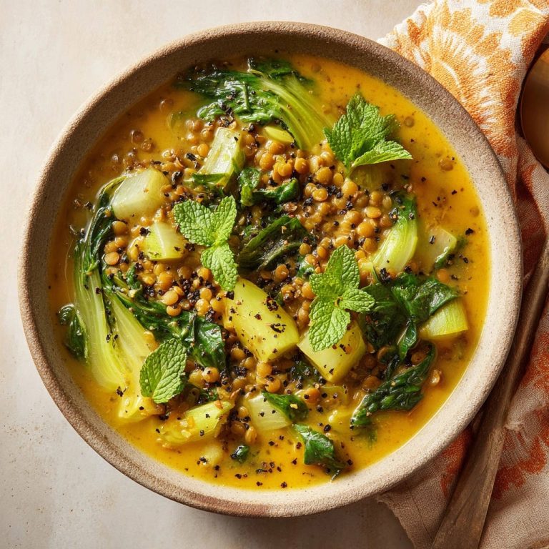 Cremige Linsen-Bok Choy-Suppe in einer rustikalen Schale serviert, garniert mit frischer Minze und schwarzem Sesam. Eine köstliche Mahlzeit.