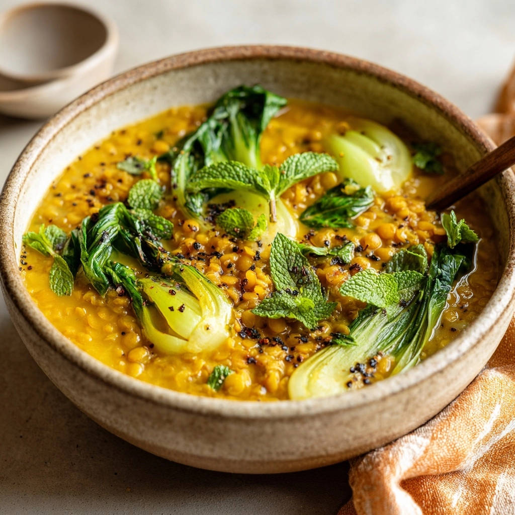 Cremige Linsen Bok Choy Suppe Serviert 1 Cremige Linsen-Bok Choy-Suppe in einer rustikalen Schüssel serviert, garniert mit frischer Minze und Bok Choy. Die cremige Textur lädt zum Genießen ein.