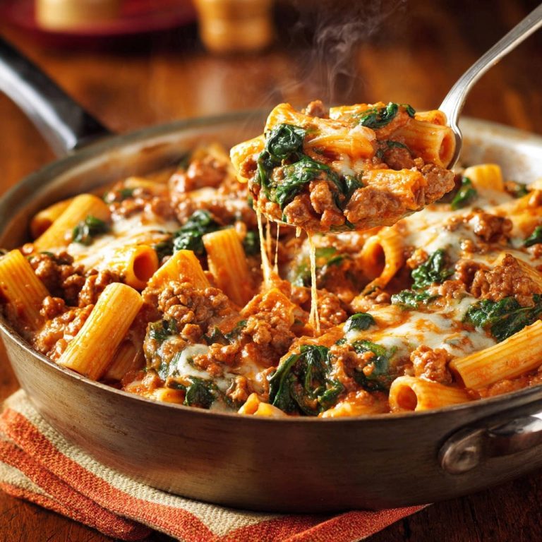 Cremige One-Pan Pasta mit Hackfleisch und Spinat, serviert auf einem Löffel, mit geschmolzenem Käse und dampfendem Gemüse.