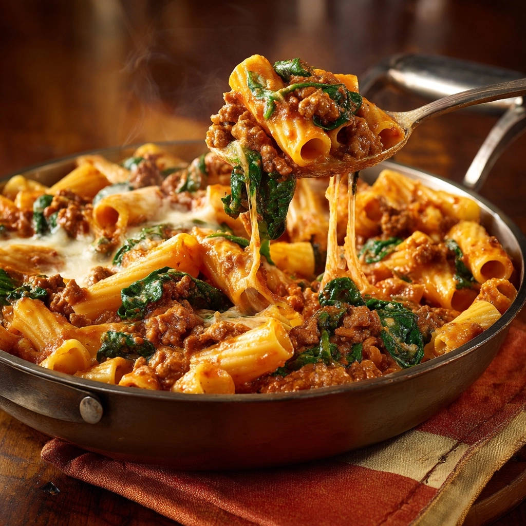 Cremige One Pan Pasta Mit Hackfleisch Und Spinat Auf Loeffel 1 Cremige One-Pan Pasta mit Hackfleisch und Spinat wird von einem Löffel gehoben, wobei sich der geschmolzene Käse zieht.
