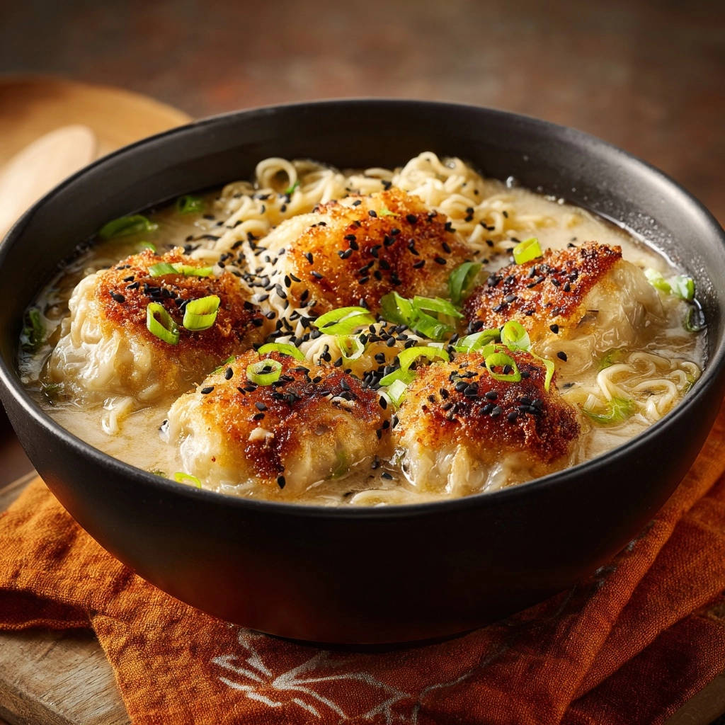Cremige Ramen Schale Mit Knusprig Gebratenen Teigtaschen Dra 1 Cremige Ramen-Schale mit knusprig gebratenen Teigtaschen, serviert in einer schwarzen Schüssel mit frischen Kräutern und Sesam, von oben betrachtet.