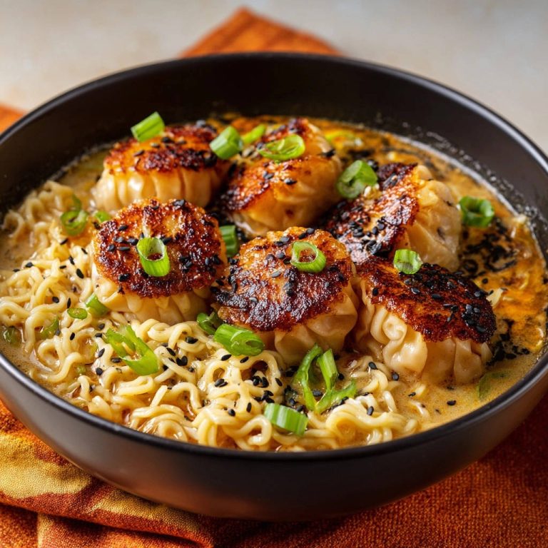 Cremige Ramen-Schale mit knusprig gebratenen Teigtaschen in Nahaufnahme, garniert mit frischem Schnittlauch und Sesam. Ein köstliches Gericht.
