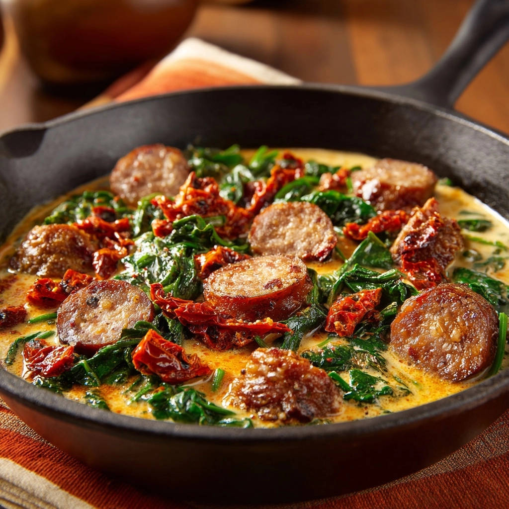 Cremige Wurst Spinat Pfanne Nahaufnahme 1 Cremige Wurst-Spinat-Pfanne mit getrockneten Tomaten aus nächster Nähe. Die würzige Wurst liegt auf dem cremigen Spinat.