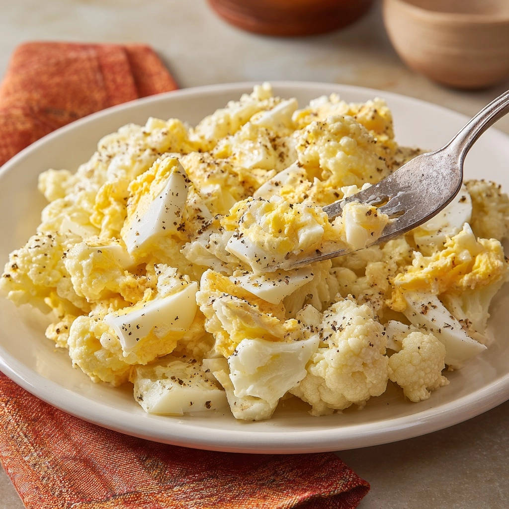 Cremiger Blumenkohlsalat Mit Ei Detailaufnahme Serviert 1 Cremiger Blumenkohlsalat mit Ei in Nahaufnahme serviert, mit frisch gemahlenem Pfeffer bestreut und auf einem Teller angerichtet.
