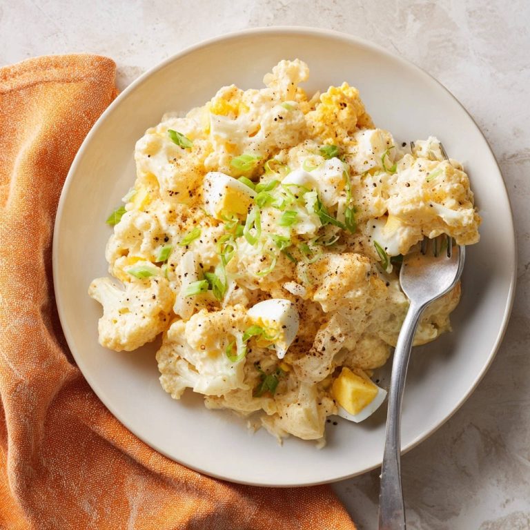 Cremiger Blumenkohlsalat mit Ei, serviert auf einem Teller von oben, garniert mit frischen Frühlingszwiebeln und schwarzem Pfeffer.