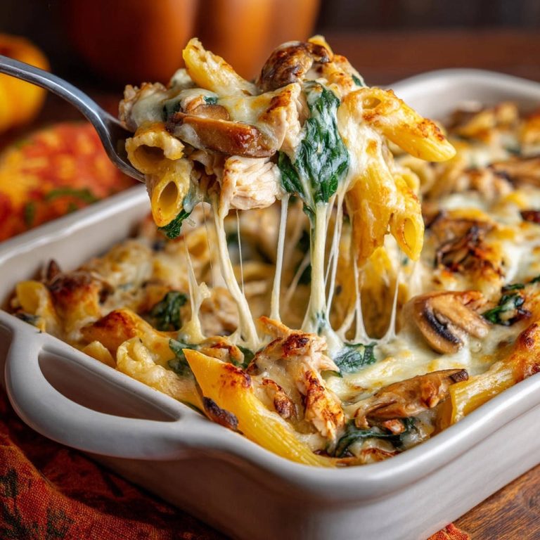 Cremiger Hähnchen-Pilz-Penne-Auflauf wird von einem Löffel gehoben, mit geschmolzenem Käse und dampfenden Nudeln. Ein herzhaftes Gericht, perfekt für das Abendessen.