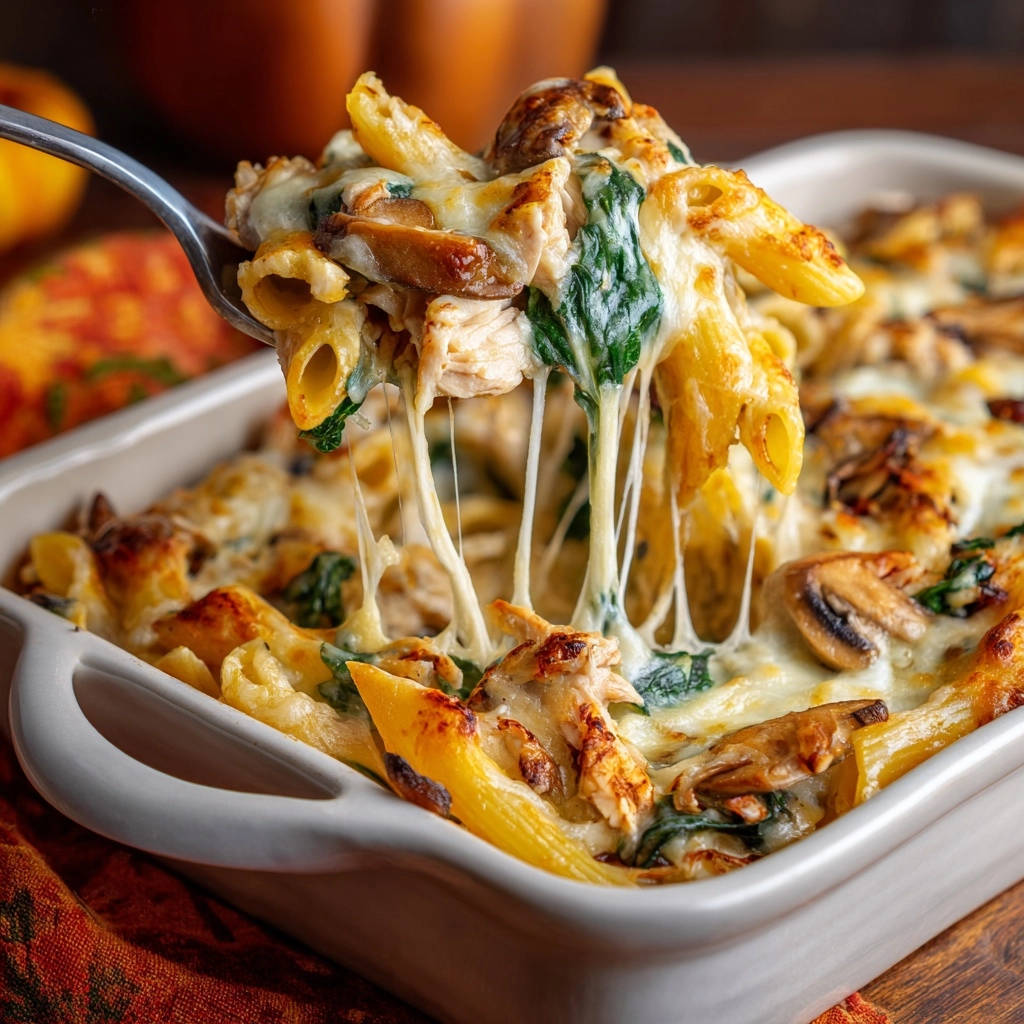 Cremiger Hähnchen-Pilz-Penne-Auflauf wird von einem Löffel gehoben, mit geschmolzenem Käse und dampfenden Nudeln. Ein herzhaftes Gericht, perfekt für das Abendessen.