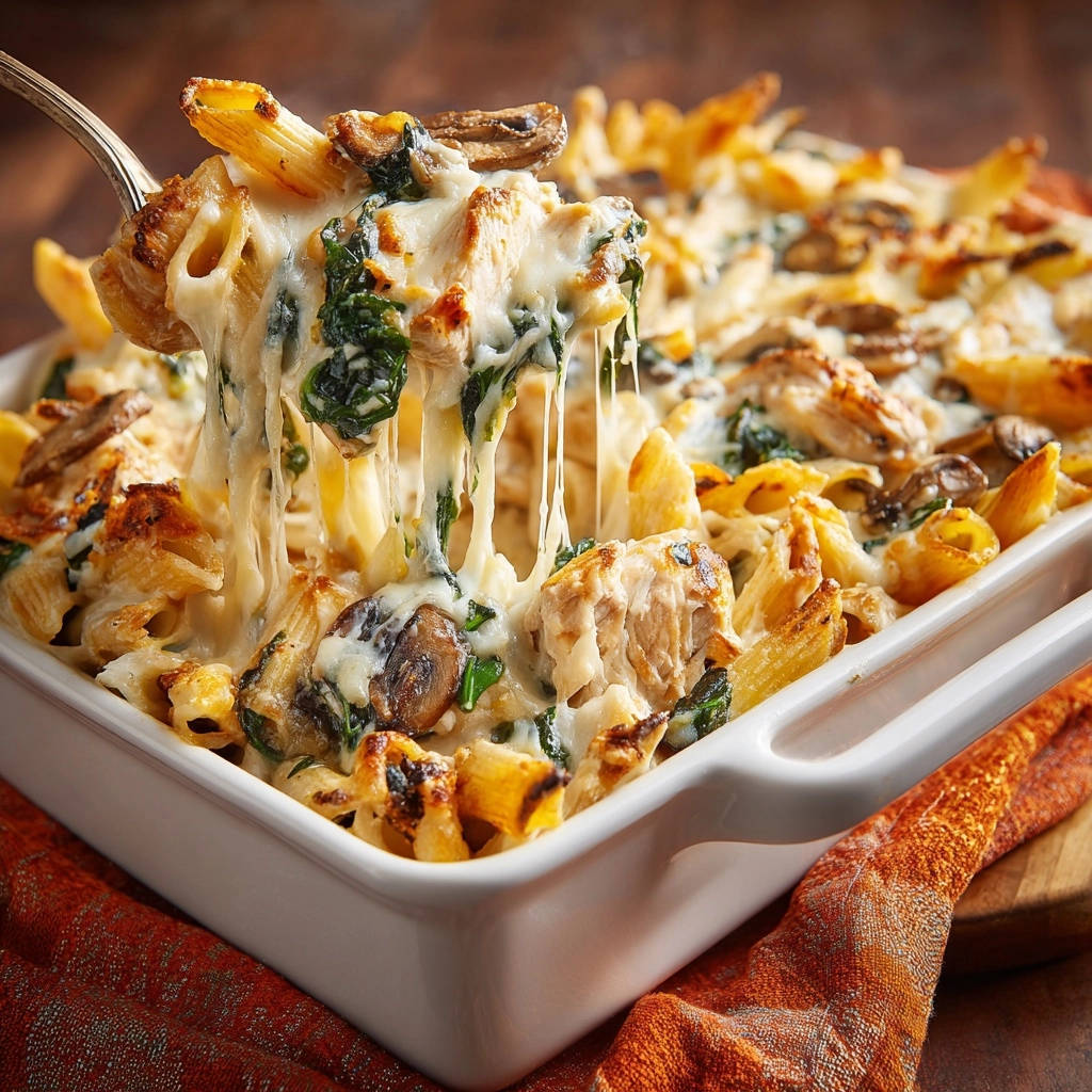 Cremiger Hhnchen Pilz Penne Auflauf Nahaufnahme 1 Cremiger Hähnchen-Pilz-Penne-Auflauf in Nahaufnahme: Geschmolzener Käse wird von einer Gabel gehoben, die Nudeln, Pilze und Hähnchenstücke trägt.