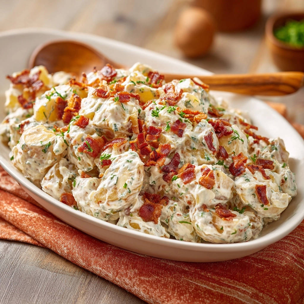 Cremiger Kartoffelsalat Mit Bacon Draufsicht 1 Cremiger Kartoffelsalat mit knusprigem Bacon und Dill in einer ovalen Schüssel, von oben gesehen, mit frischen Kräutern garniert.