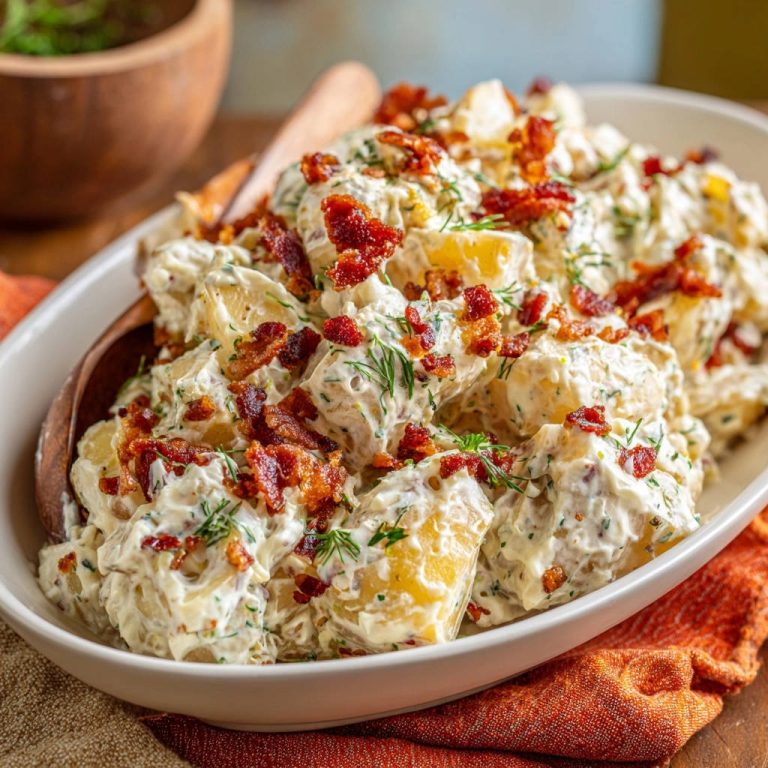 Cremiger Kartoffelsalat mit knusprigem Bacon und Dill in Nahaufnahme, von oben fotografiert, angerichtet in einer weißen Schüssel. Der Salat ist mit knusprigem Speck garniert.