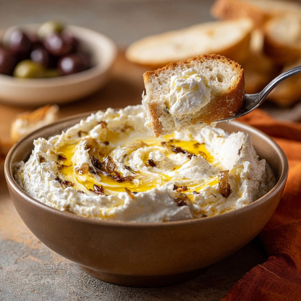 Cremiger Zwiebel Dip Brot Auf Loeffel 1 Cremiger Zwiebel-Dip mit einem Löffel, der ein Stück Brot mit cremiger Dip-Textur zeigt, serviert mit Oliven und Brot.