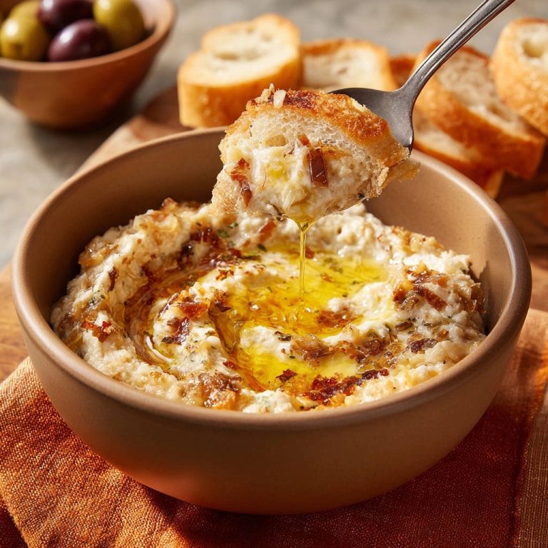 Cremiger Zwiebel-Dip mit einem Löffel serviert. Ein knuspriges Brotstück wird in den cremigen Dip getunkt, während goldenes Öl abtropft.