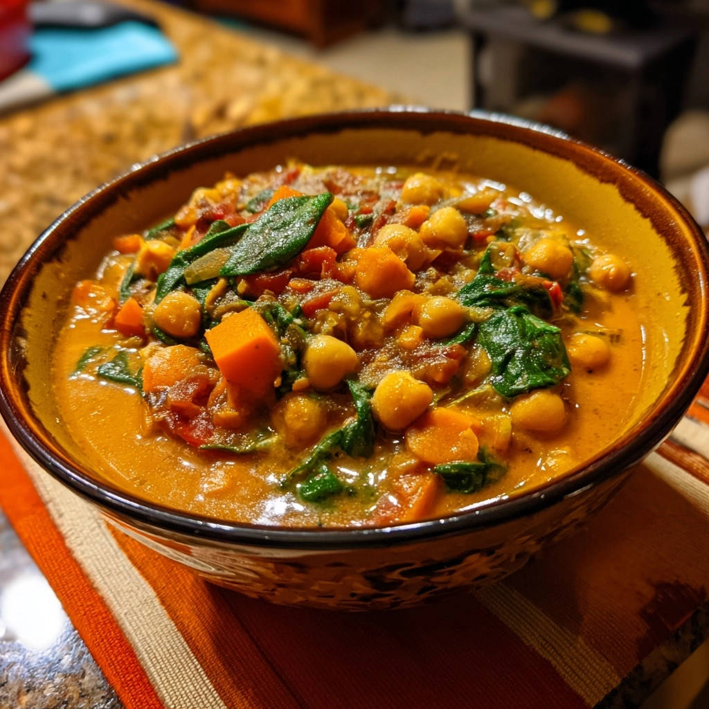 Cremiges Kichererbsen Spinat Curry Nahaufnahme 1 Cremiges Kichererbsen-Spinat-Curry in Nahaufnahme: Eine Schüssel voller köstlichem, cremigen Curry mit Kichererbsen, Spinat und Gemüse.