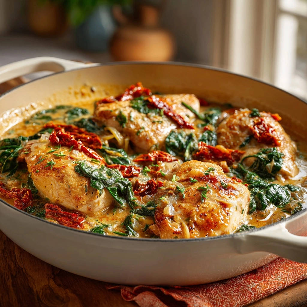 Cremiges Toskana Huhn Nahaufnahme 1 Cremiges Toskana-Hähnchen in einer Pfanne, mit frischem Spinat und getrockneten Tomaten, in einer Nahaufnahme, serviert.