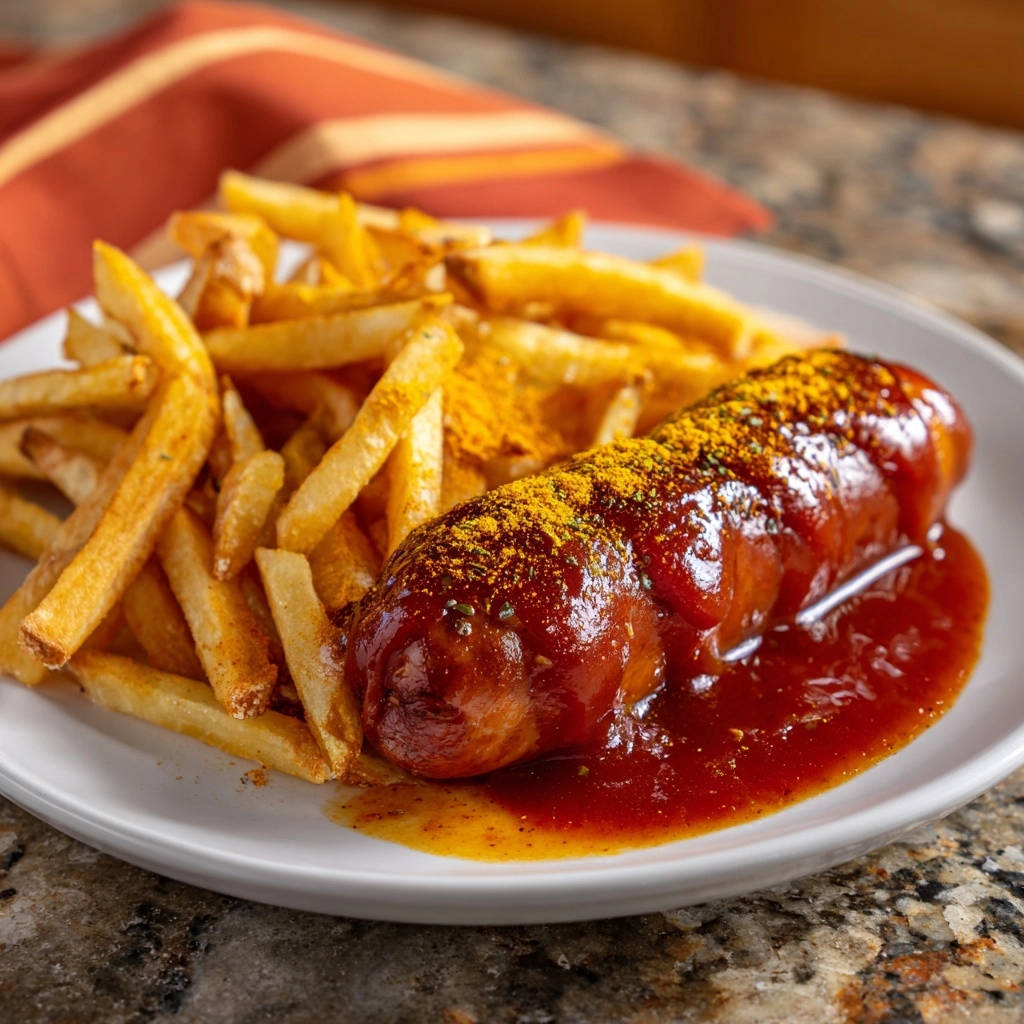 Currywurst Mit Pommes Serviert 1 Currywurst mit knusprigen Pommes serviert auf einem weißen Teller, garniert mit Currypulver und serviert mit einer leckeren Soße.